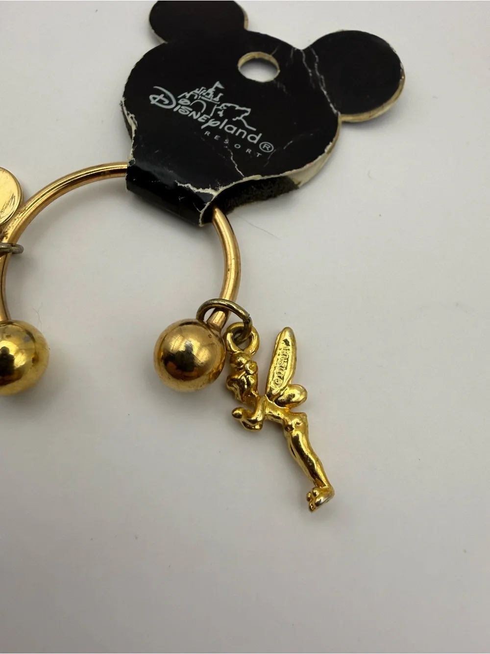 Vintage Disneyland 50th Anniversary Keychain Mickey Ears, Tinker Bell Gold Tone
